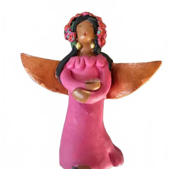 Other - Handcrafted Angel Figurine with Pink Dress and Copper Wings